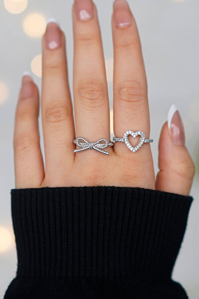 TREND COLLECTİON طقم خاتم نسائي مكون من قطعتين بفيونكة فضية قابلة للتعديل ونم...