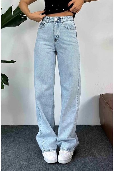 LİMABEL Pantaloni largi din denim cu talie înaltă pentru femei, blugi Palazzo cu spălare specială, albastru de gheață