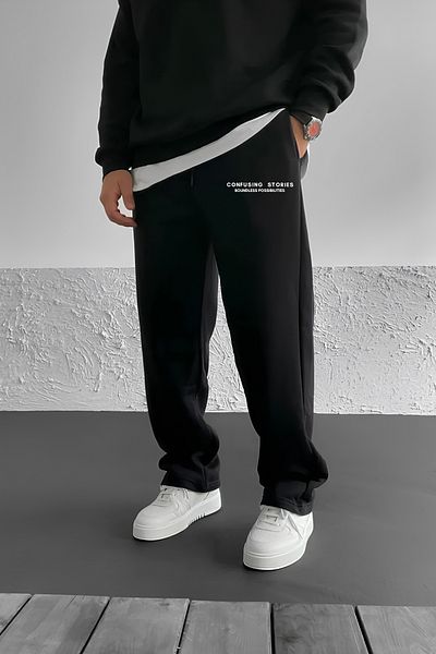 THE RULE Confusing Printed Baggy Summer 3 Thread Loose Cut Straight Leg Seasonal Black Sweatpants Tr0499