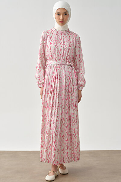 Tuğba Bel Lastikli Pliseli Desenli Elbise - Pembe