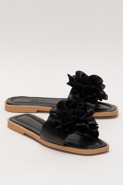 Liger Black Slippers with Rose Flowers and Bundle Gift Dowry Holder