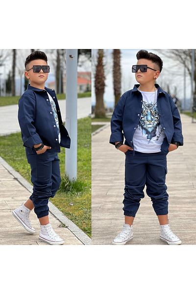 Kuzeyi Butik Boy's Holiday Gabardine Shirt, Gabardine Rubber Leg Trousers and Combed Cotton Including 3 Piece Set 132