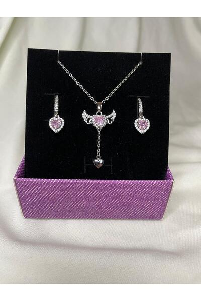 lavantebutik Oynar Melek Kanatlı Zirkon Taşlı Çelik Kolye ve küpe seti 40+5 Cm