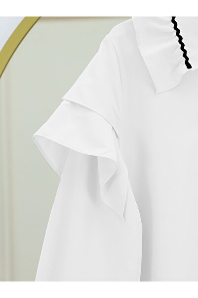 Modamorfo Poplin Tunic with Embroidery Detail on the Collar and Elastic Sleeves - White