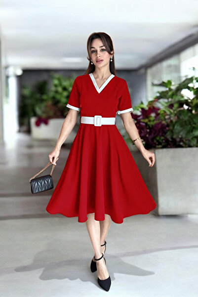 ALFUDO Moda Collection V Yaka Çift Renk Midi Kemerli Kırmızı Beyaz Elbise