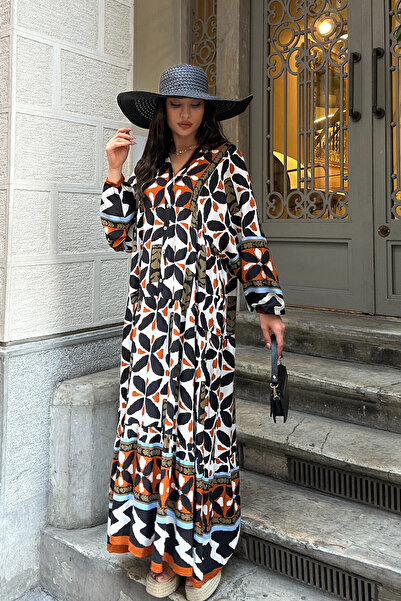 ASEDE 100% Viscose Bohemian Alaçatı Dress V-Neck Ethnic Patterned Viscose Dress Suitable for Hijab