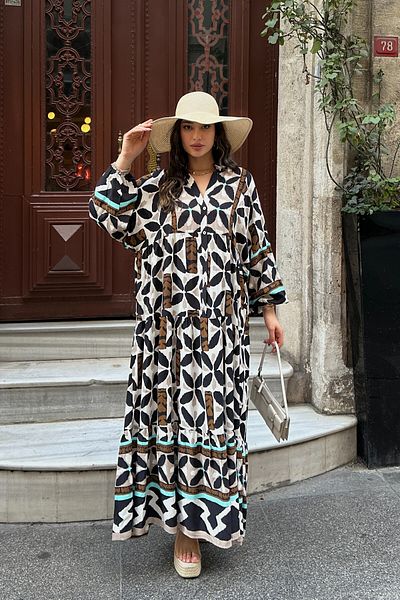 ASEDE 100% Viscose Bohemian Alaçatı Dress V-Neck Ethnic Patterned Viscose Dress Suitable for Hijab