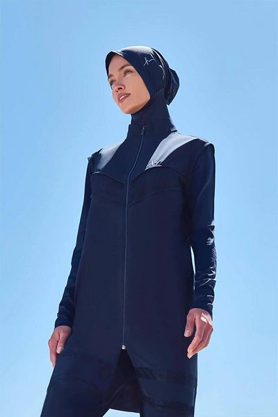 Haşema Navy Blue 5 Piece Full Hijab Swimsuit Set with Mesh Detail 2853