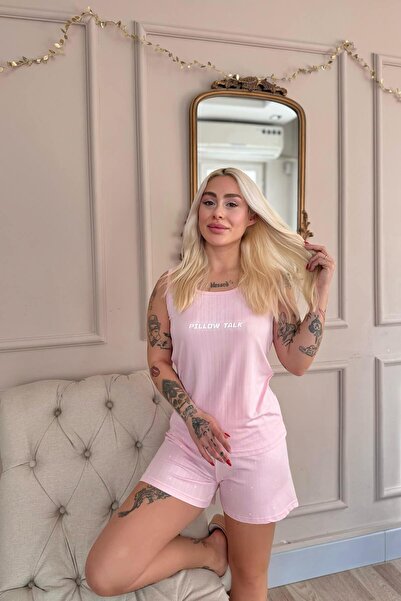 Pijamaevi Pembe Pillow Talk Desenli Şortlu Marlenka Kadın Pijama Takımı