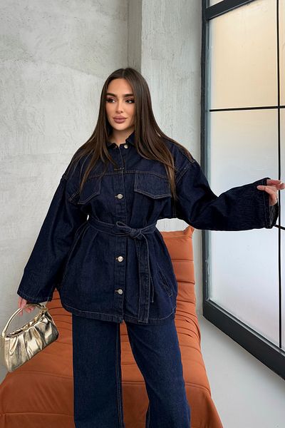 ASEDE Pocket Detailed Belted Navy Blue Denim Premium Jacket Jean Set