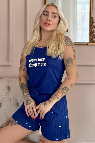 Pijamaevi Blue Sleep More Patterned Marlenka Women's Pajama Set with Shorts
