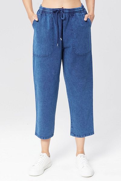 MONAHA Pantaloni de in până la gleznă cu aspect de denim albastru pentru femei - bumbac, spălat, Monaha de vară