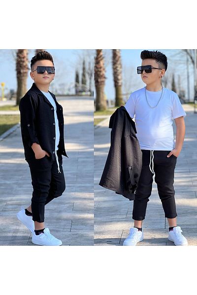 Kuzeyi Butik Boy's Festive Combination Shirt, T-Shirt and Trousers 3-Piece Set