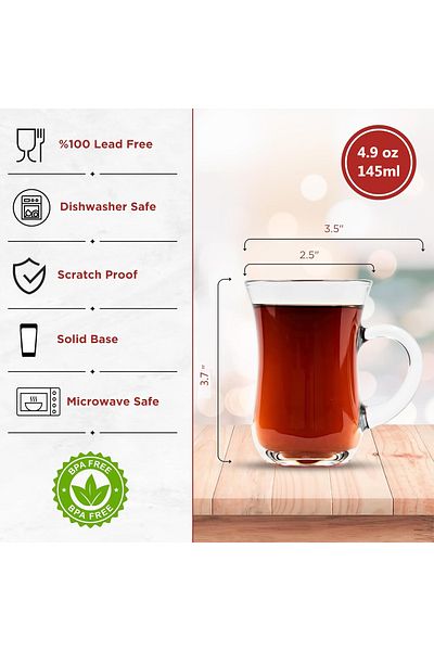 Home Zone 6 Pcs Tea Cups, Turkish Tea Glasses With Handle Slim Waist Design and Thick Sole Capacity 145ml