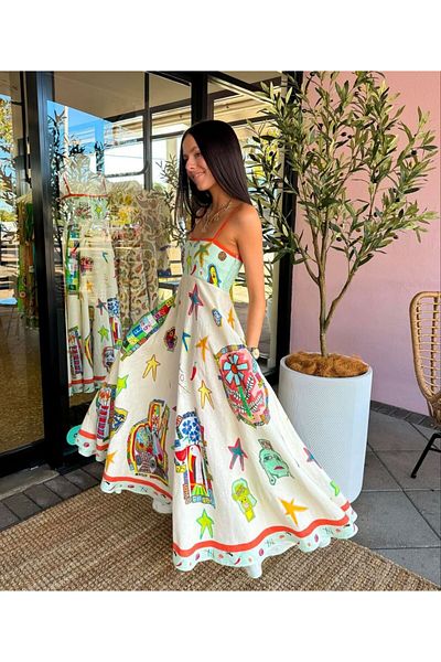 S&A Collectionn Rochie maxi căptușită cu decolteu pătrat cu bretele cu model multicolor pe spate