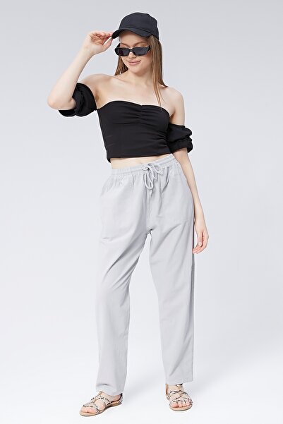 MONAHA Women's Gray Loose Cut Palazzo Linen Blended Trousers - Cotton, Pocket, Summer Monaha