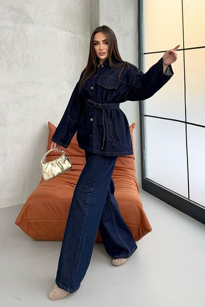 ASEDE Pocket Detailed Belted Navy Blue Denim Premium Jacket Jean Set