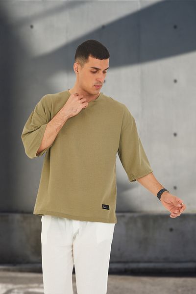 JR Boutique Ανδρικό μπλουζάκι με λαιμόκοψη V με χαμηλό μανίκι Oversize κοντό μανίκι - Χακί