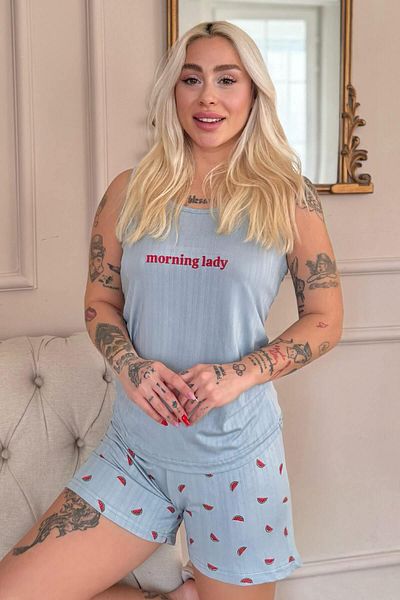 Pijamaevi Aqua Morning Lady Patterned Marlenka Women's Pajama Set with Shorts