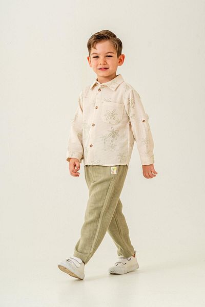 Magu Boy's Ecru Palm Patterned Shirt and Khaki Linen Trousers Set