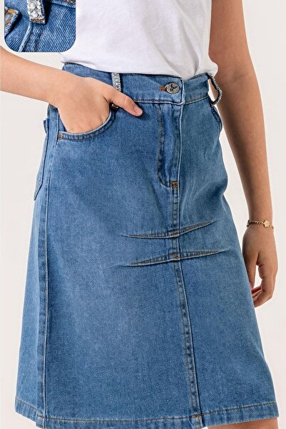 GİYİCEM TEKSTİL Fusta de blugi cu cusătură în față pentru fete Model: 2948