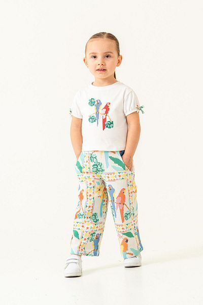 Magu Girl's Ecru Tropical Patterned Pants and Embroidered T-Shirt Set