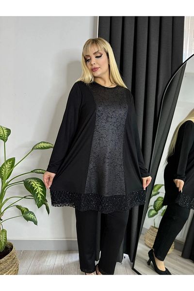 MODA Women's Large Size Front Leather Silvery Skirt with Lace Detail at the End Flexible Crystal Two Thread Tunic