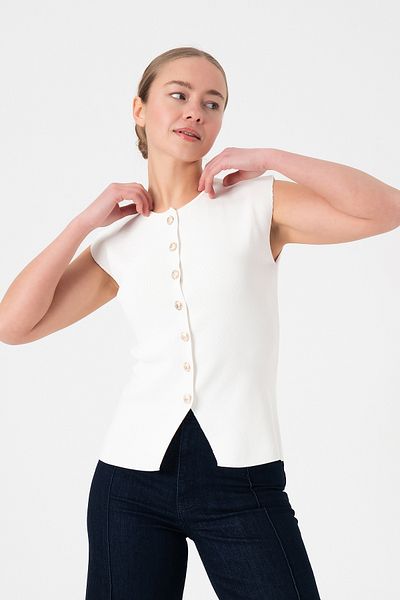 Merry Rise Buttoned White Women's Knitwear Vest