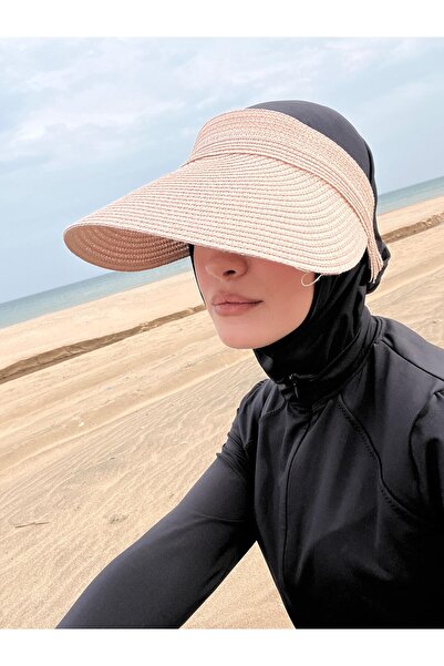 OX-RA Pembe Katllanabilir Ayarlanabilir Kadın Geniş Siperli Vizör Hasır Plaj Şapkası