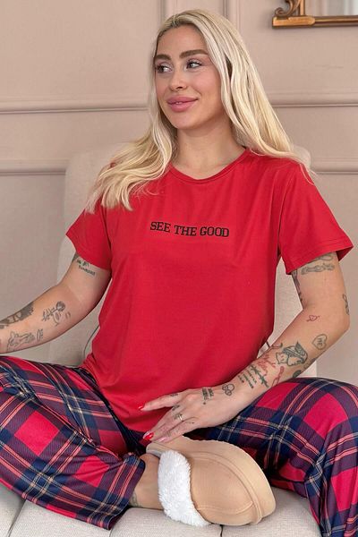 Pijamaevi Red See the Good Patterned Short-Sleeve Knitted Women's Pajamas Suit