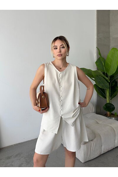 Butik بدلة Santorini Esintisi من الكتان باللون البيج - مع شورت