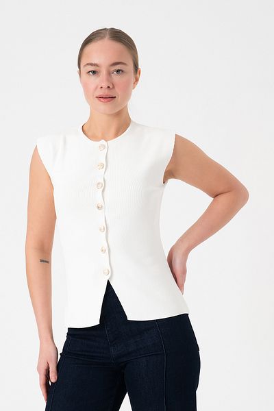 Merry Rise Buttoned White Women's Knitwear Vest