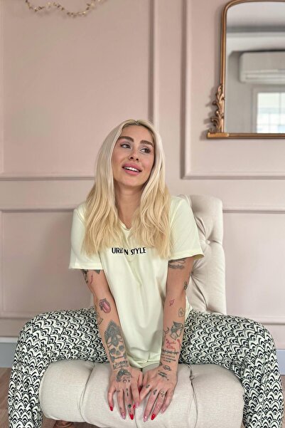 Pijamaevi Beige Urban Style Patterned Short Sleeve Knitted Women's Pajama Set