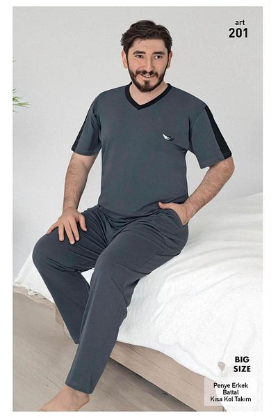 XORVİO Men's Oversize Short Sleeve Long Pants Cotton Cotton Short Sleeve T-Shirt Trousers Pajama Suit with Pockets
