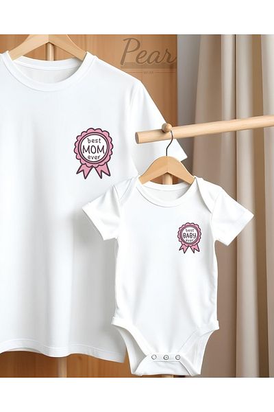 Pear Wear Καλύτερη μαμά και καλύτερο μωρό με στάμπα 2'li συνδυαστικό κοστούμι, μπλουζάκι Mother Daughter Oversize και Mother Baby Body