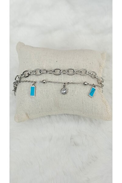 GM TAKI سوار من الفولاذ المقاوم للصدأ بسلسلة مزدوجة مع تفاصيل زرقاء - لا يفقد...