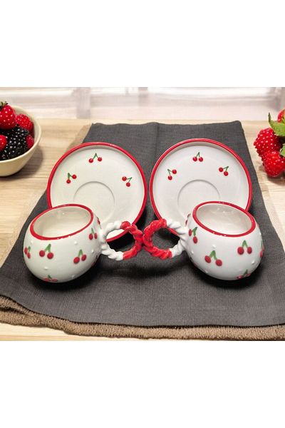 İZart Cherry Patterned Custom Embossed Hand Embroidered 4 Piece 2 Person Cup Set