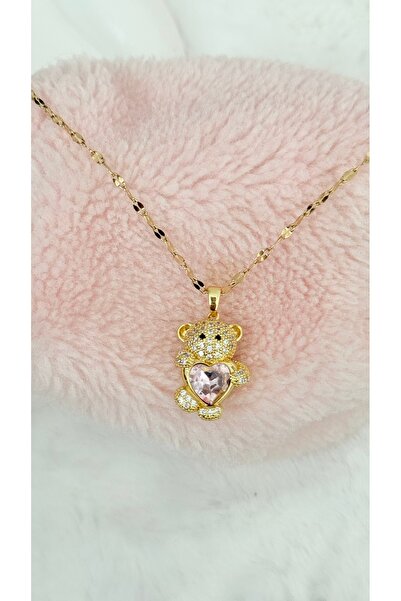 GM TAKI قلادة من الفولاذ المقاوم للصدأ مع دمية دب من الحجر الوردي - مقاومة لل...