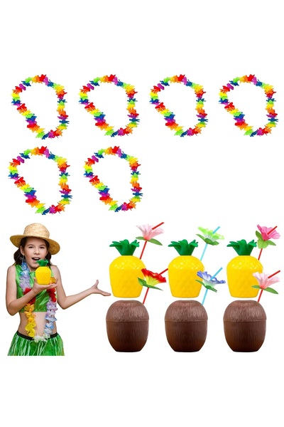 Skygo لوازم حفلات هاواي الاستوائية - قلادة، مصاصة، مجموعة أكواب