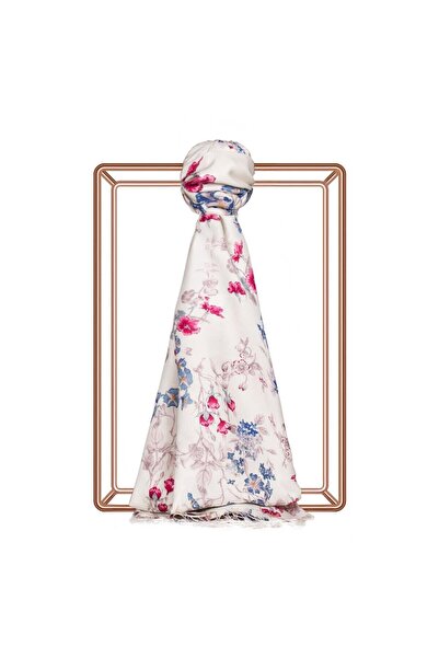 ipekevi İpekevi Çiçek Tacı Desen İpek Şal 6001-Krem Mavi