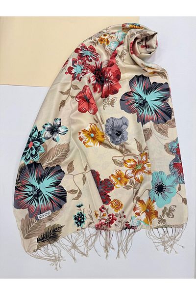ipekevi İpekevi Floral Patterned Silk Shawl 6107-Cream