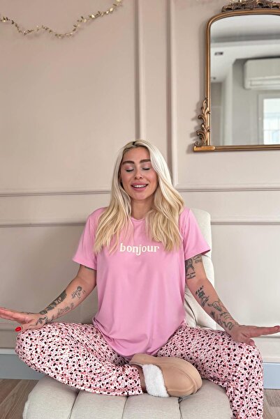 Pijamaevi Pink Bonjour Patterned Short Sleeve Knitted Women's Pajamas Set