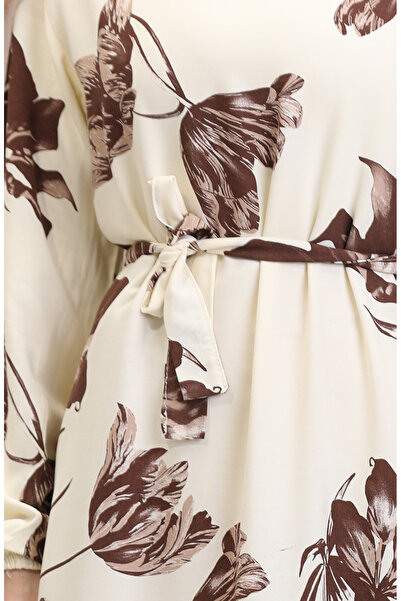 sefamerve Φόρεμα βισκόζης με σχέδιο 0022-04 Κρεμ & Καφέ