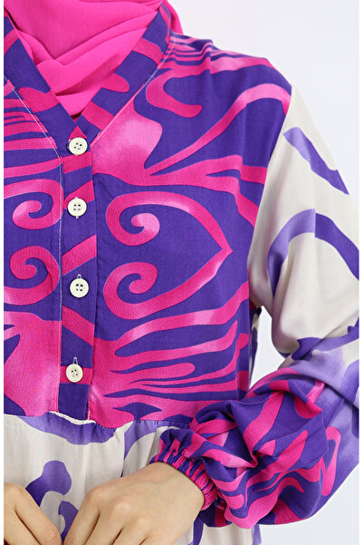 sefamerve Purple Beige Viscose Patterned Half Button Dress 0028-03