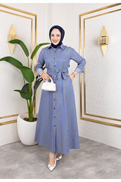 Eliva Γυναικείο Μπλε Σατέν Μακρύ Λευκό Ριγέ Φόρεμα Hijab με Ζώνη