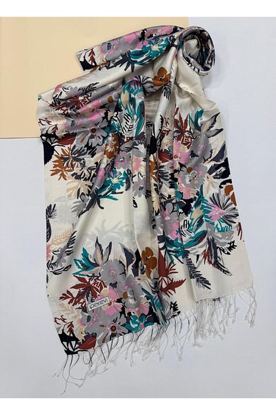 ipekevi İpekevi Patterned Floral Silk Shawl 6108-Cream