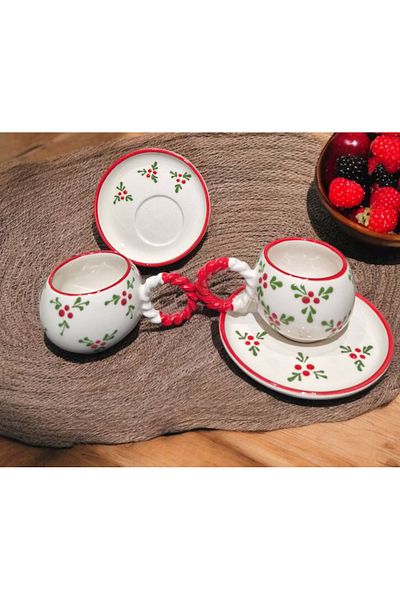 İZart Kokina Patterned Custom Embossed Hand Embroidered 4 Piece 2 Person Cup Set