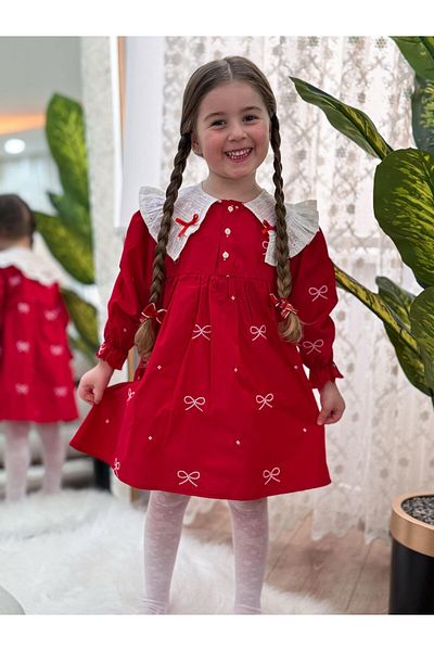 MİO Girl's Collar Detailed Embroidered Dress