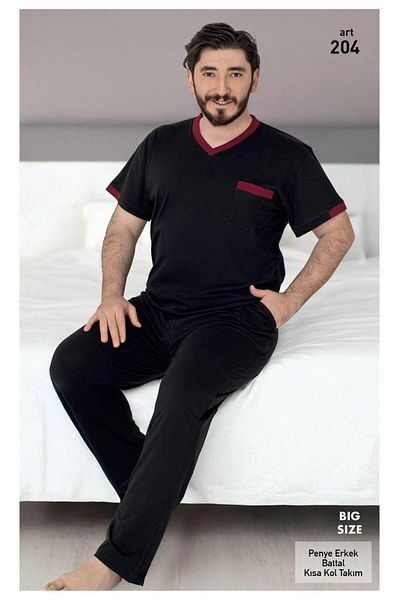 XORVİO Men's Black Oversize Short Sleeve Long Pants Cotton Cotton T-Shirt Pants V-Neck Pajama Suit with Pockets