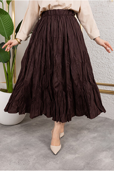 Eliva Kadın Acı Kahve Pileli Kırışık Şort Kumaşlı Beli Lastikli Maxi Tesettür Etek